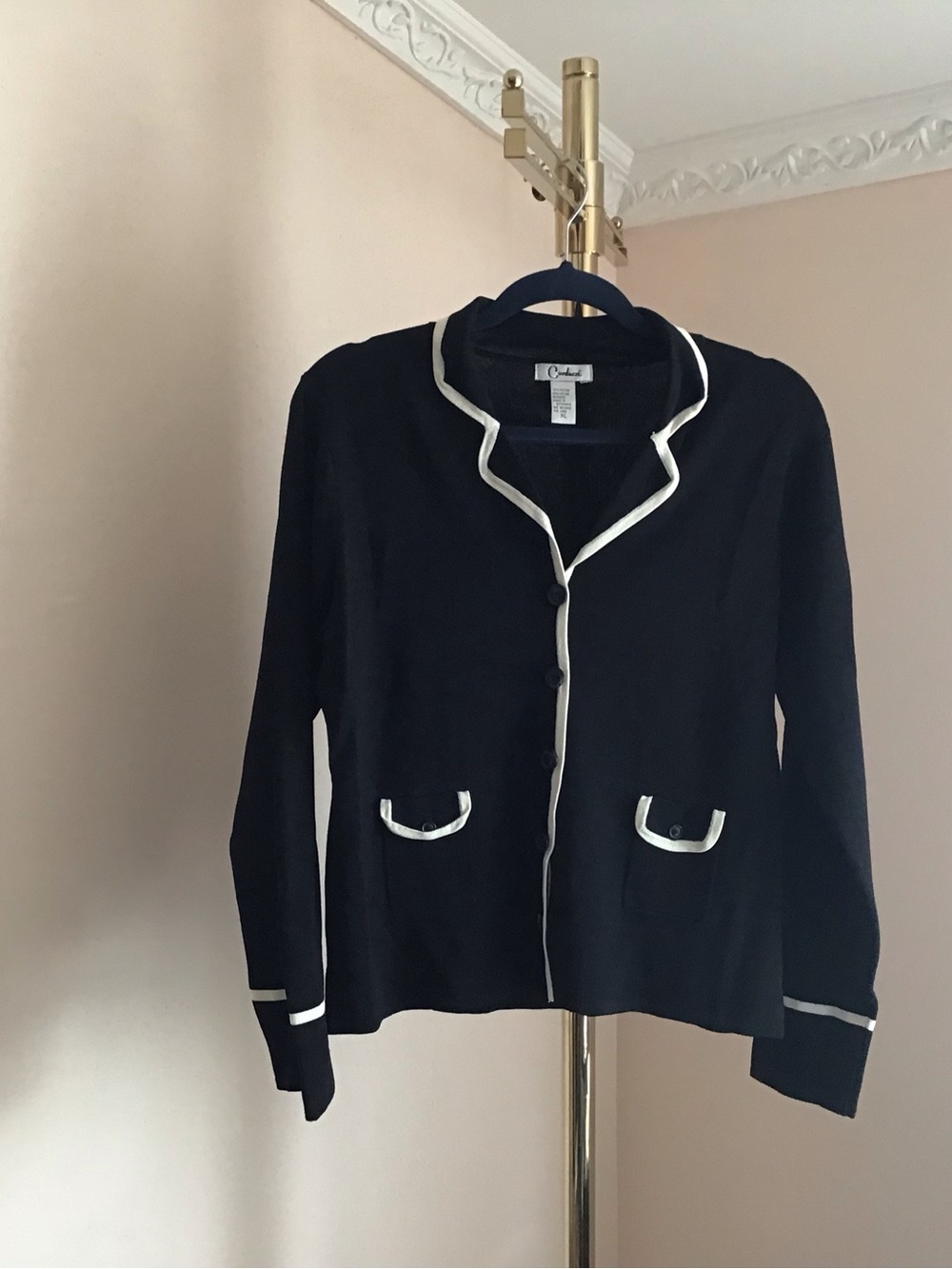Navy Cardigan with White Trim - Classic Button-Front Sweater